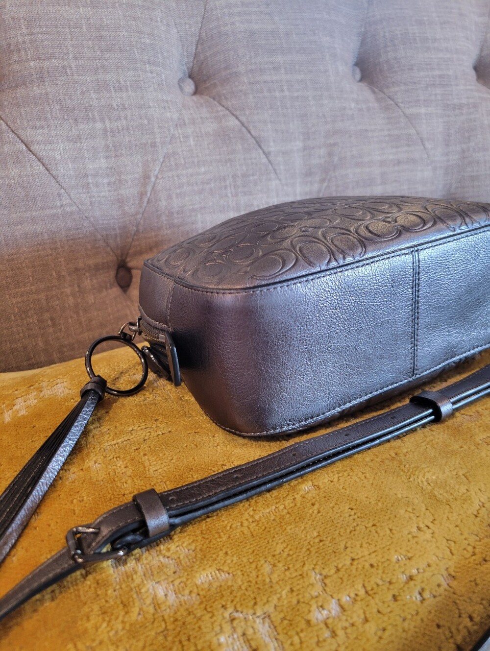 Coach Metallic Gray Embossed Signature Leather Crossbody Bag - Picture 9 of 10